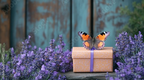 Delicate butterfly resting on a gift box surrounded by vibrant lavender blooms in a serene garden setting