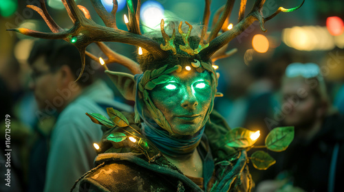 Mystical forest-themed costume with glowing green eyes photo