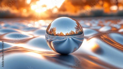 Reflective Sphere Reflecting Autumnal Sunset Landscape