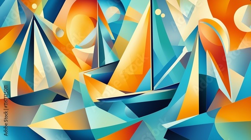 Abstract artistic sailboats in vibrant geometric design
