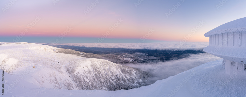 amazing winter landscape of Giant mountains from Snezka summit during sunrise on polish and czech republic border