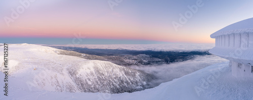 Obraz na płótnie amazing winter landscape of Giant mountains from Snezka summit during sunrise on polish and czech republic border w salonie