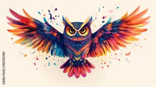 Colorful owl with wings spread wide. photo