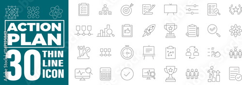 Action plan Icons Set. Action Plan Icons vector illustration with thin line, containing communication, computer graphic, construction site, set, smart phone, tactic, template