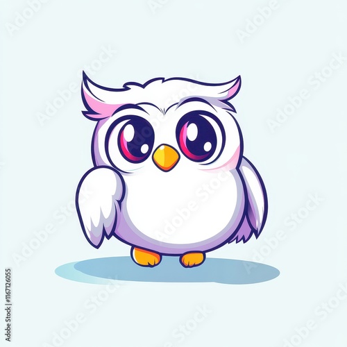 Cute Cartoon Style White Owl with Big Eyes and Pink Accents Perfect for Children’s Illustrations, Merchandise, and Playful Designs in Light Background