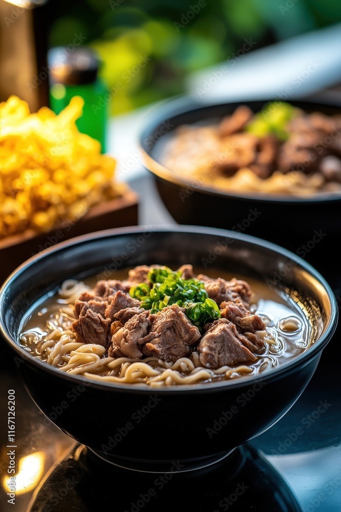 A Close-Up View of Delicious Beef Noodle Soup in a Black Bowl with Green Herbs and Crispy Snacks in the Background on a Charming Table Setting A Close-Up View of Delicious Beef Noodle Soup in a Black Bowl with Green Herbs and Crispy Snacks in the Background on a Charming Table Setting