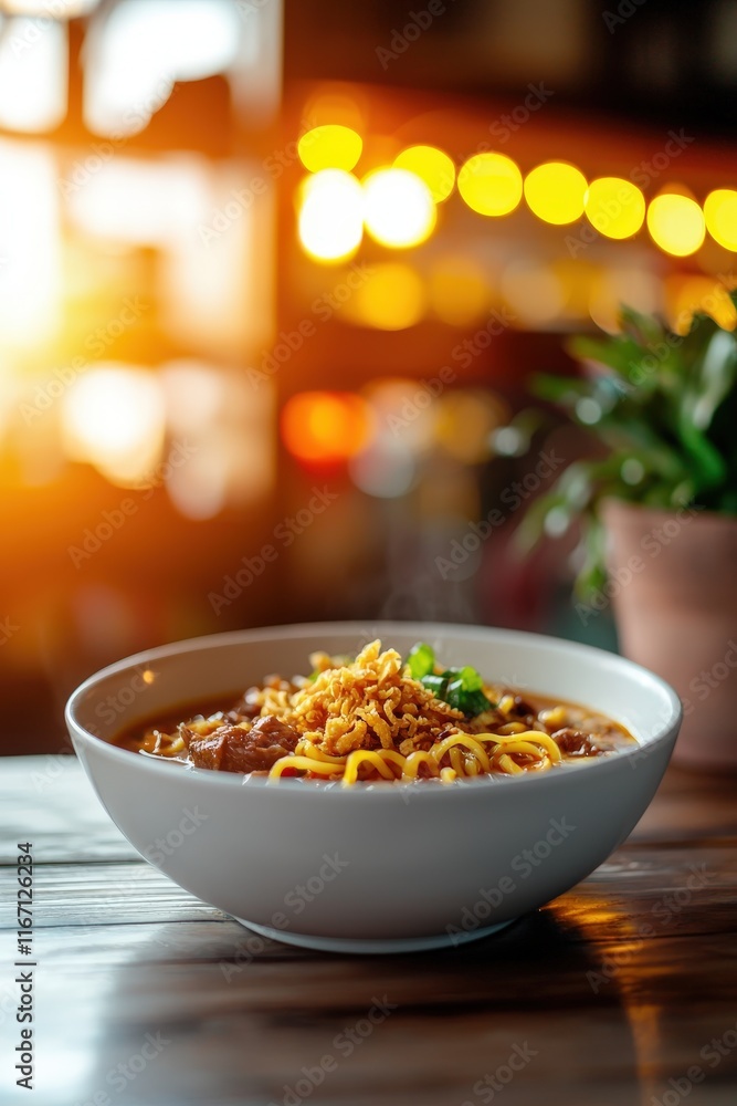 Delicious bowl of steaming noodles topped with crispy onions and herbs in a cozy cafe setting with warm light glowing in the background Delicious bowl of steaming noodles topped with crispy onions and herbs in a cozy cafe setting with warm light glowing in the background