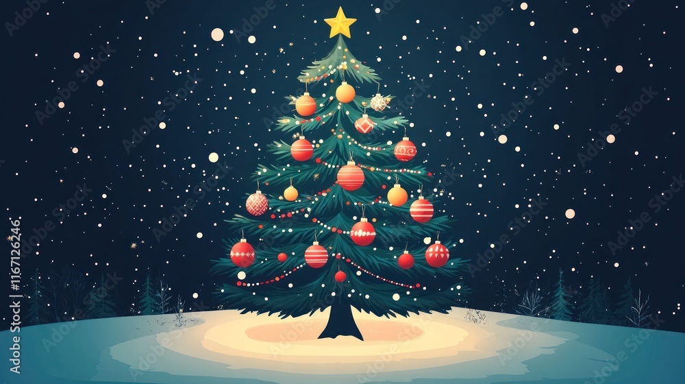 Fototapeta premium Decorated Christmas tree in snowy night scene.