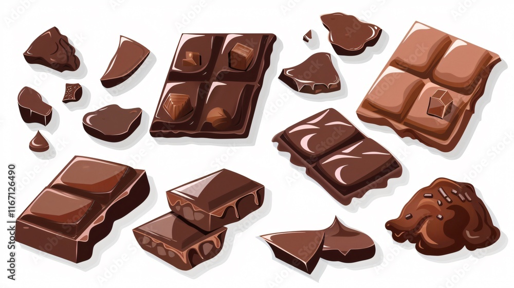 Delicious Bitter and Milk Chocolate Icon Stickers with 3D Pieces Delicious Bitter and Milk Chocolate Icon Stickers with 3D Pieces