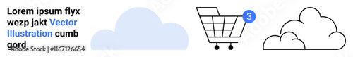 Shopping cart with a notification badge 3 , blue and white clouds, placeholder text. Ideal for e-commerce, weather, UIUX design, digital products, websites, presentations, promotional material