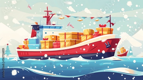 Festive Cargo Ship Laden with Gifts - Christmas and New Year Symbol