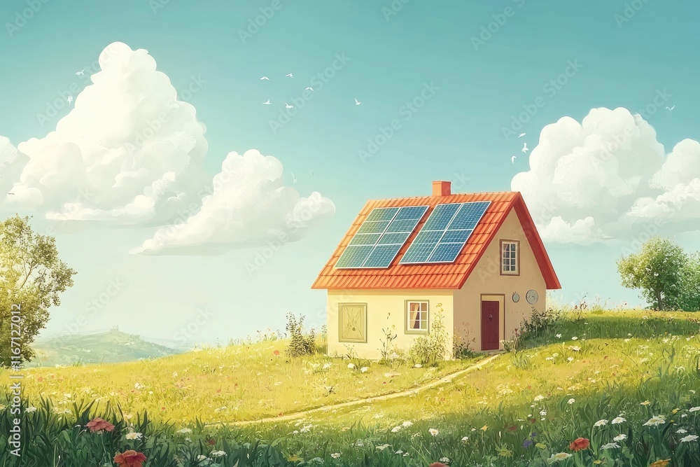 Fototapeta House with solar panels on the roof. Nature-produced energy. Sun-produced energy. Photovoltaic systems on the barn house in the countryside. Concept of renewable energy