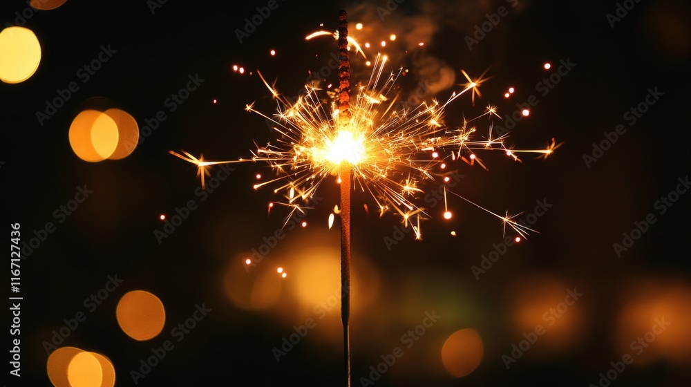 Obraz premium Sparkler illuminates the night sky during a festive celebration with glowing bokeh effect in the background