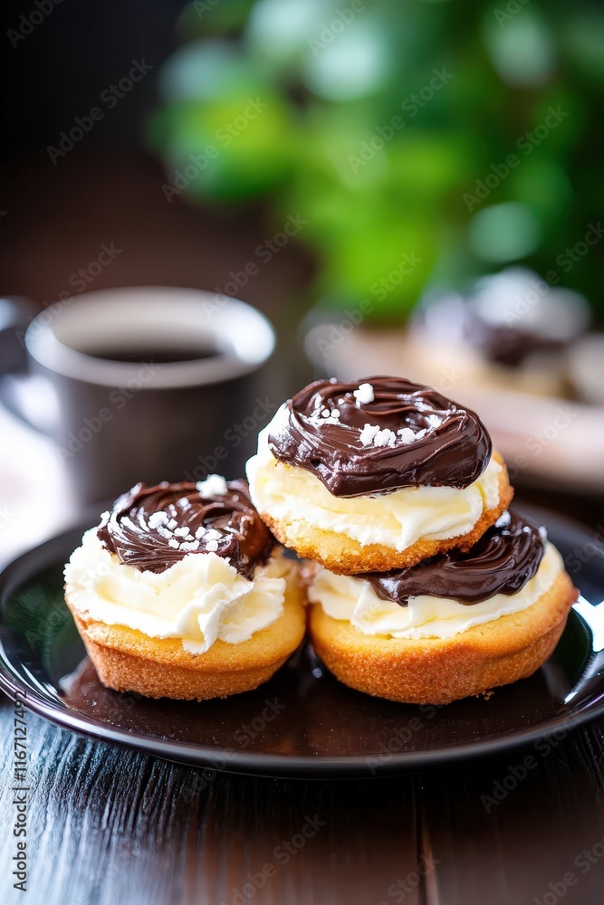 Delicious Chocolate Cupcakes with Creamy Frosting on a Black Plate Against a Cozy Background with Coffee and Green Plants Delicious Chocolate Cupcakes with Creamy Frosting on a Black Plate Against a Cozy Background with Coffee and Green Plants