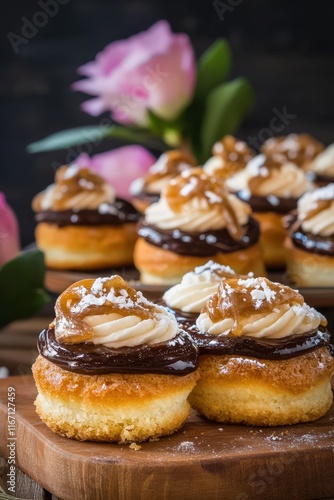 Wallpaper Mural Delightful Mini Cakes Topped with Chocolate Frosting and Butterscotch Sauce, Perfect for Celebrations and Sweet Treats in a Charming Setting with Floral Accents Torontodigital.ca