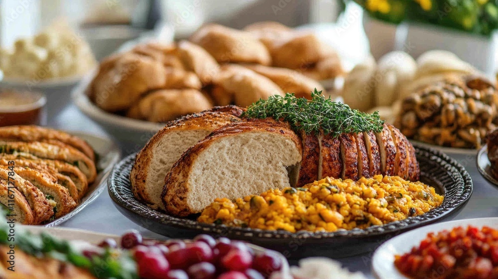 Fototapeta premium Delicious spread of bread, savory dishes, and fresh fruits at a festive gathering