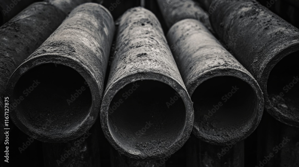 Close up of dark, dusty industrial pipes forming an abstract pattern, emphasizing textures and shapes Close up of dark, dusty industrial pipes forming an abstract pattern, emphasizing textures and shapes