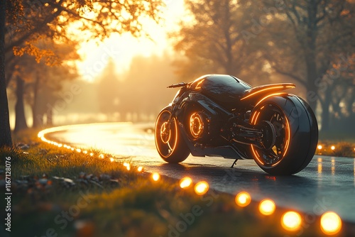 A futuristic motorcycle rests on grass beside a highway. Futuristic lights dot the ground. In the background, sunlight illuminates trees and a lake, blending technology with nature, perfect for ads. photo