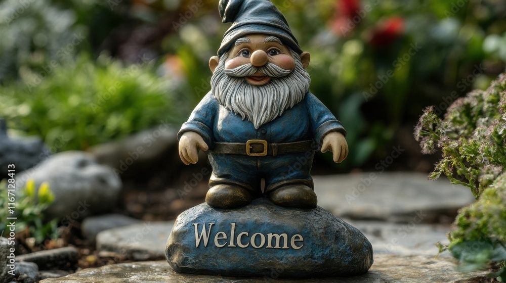 Charming garden gnome greets visitors with a cheerful welcome at a vibrant outdoor space Charming garden gnome greets visitors with a cheerful welcome at a vibrant outdoor space