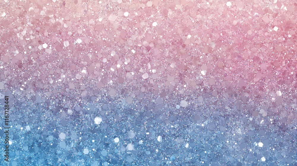 Fototapeta premium A soft pastel-colored glitter gradient with pink, lavender, and blue shades. The glitter particles are fine and sparkle gently, creating a dreamy and delicate background.