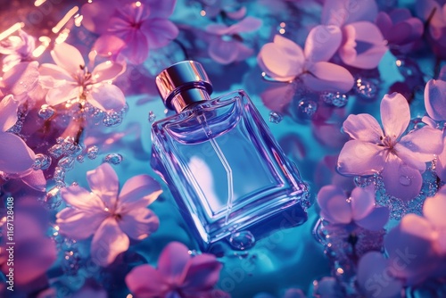 Minimal perfume bottle and flowers all over the set, top light on top of a backaround with water, saturation color scheme, bright light glass refraction, motled shading, studo lighfing, contrast high photo