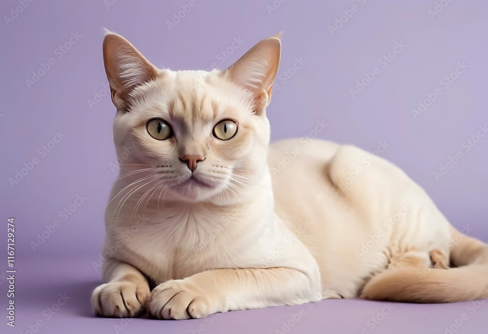 light tan cat with green eyes is lying down. light tan cat with green eyes is lying down.