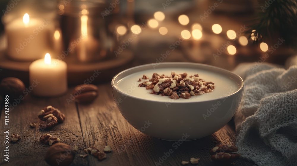 Warm Bowl of Soup with Garnish on Dinner Table