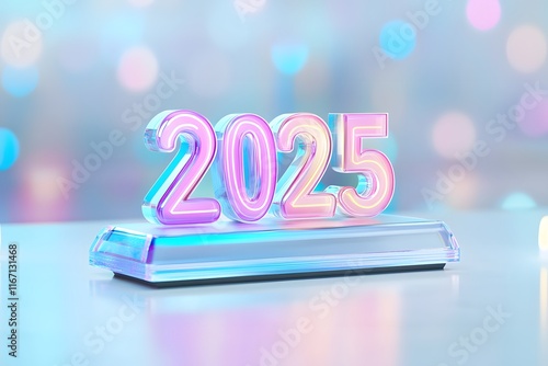 3D text 2025 glowing in neon light floating in a blur background with a holographic color effect and a hologram effect photo