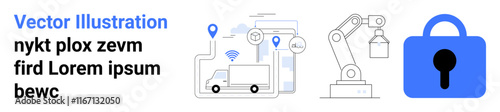 Delivery truck with GPS, automated robot arm on production line, secured by a large padlock. Ideal for logistics, automation, security, technology integration, industrial systems, smart logistics