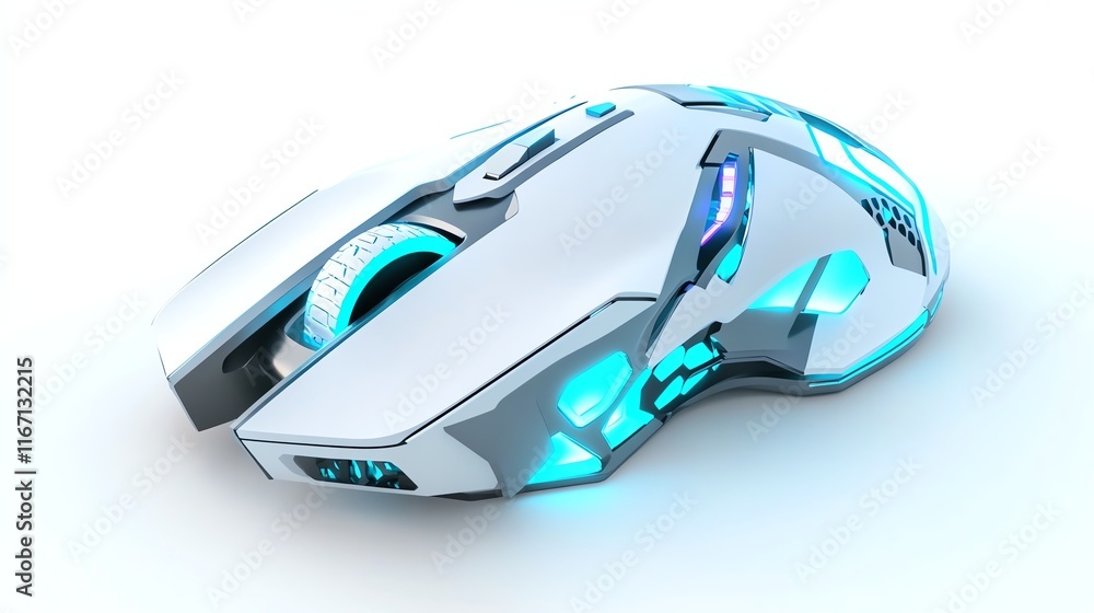 Futuristic gaming mouse with blue LED lights on a white isolated background. Futuristic gaming mouse with blue LED lights on a white isolated background.