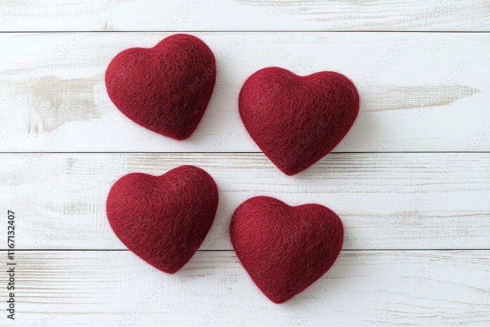 Obraz premium Red hearts on a white wooden background with copy space for a Valentine's Day celebration, a flat lay composition, top view. Love concept. Flat lay composition of red heart-shaped candles and fabric