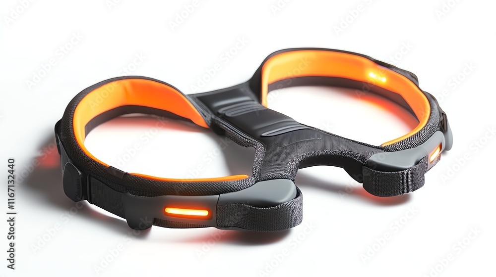 Innovative smart glasses design with bright orange accents on a white background. Innovative smart glasses design with bright orange accents on a white background.