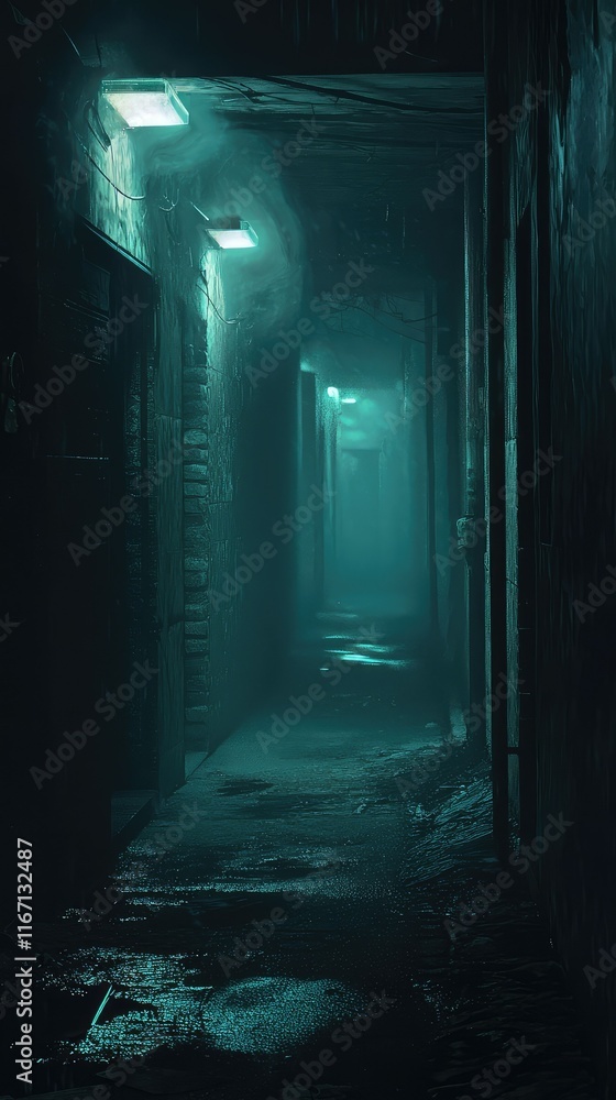 Dimly Lit Alleyway with Mystic Blue Lights and Fog Effects Dimly Lit Alleyway with Mystic Blue Lights and Fog Effects