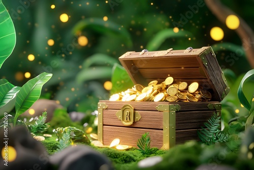 A treasure chest full of gold coins gems and accessories in the background is an enchanted forest with glowing lights and sparkling particles floating around it photo