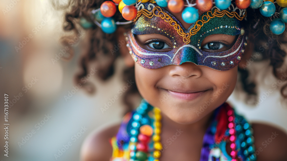 Smiling child in colorful Mardi Gras mask and beads Smiling child in colorful Mardi Gras mask and beads