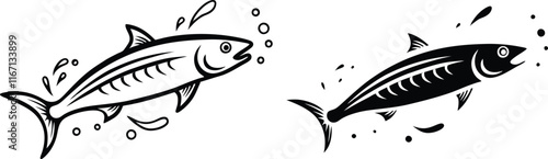 Two Stylized Mackerel Fish Designs, Black and White, Aquatic Life