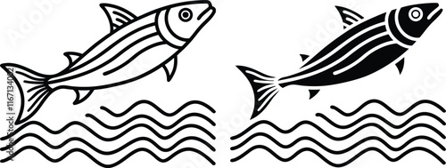 Photography Two stylized fish leaping over ocean waves, line art