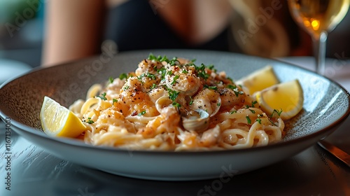 Creamy Seafood Pasta Dish with Lemon Garnish photo