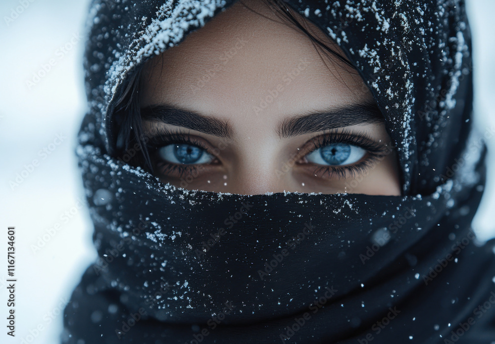 A woman with captivating blue eyes peeks from behind a black scarf, surrounded by gently falling snowflakes on a cold winter day in a tranquil environment. A woman with captivating blue eyes peeks from behind a black scarf, surrounded by gently falling snowflakes on a cold winter day in a tranquil environment.