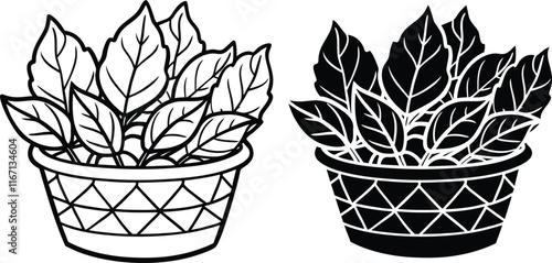 Basket of Leaves, Line Art, Black and White, Plant Illustration, Simple Design, Botanical, Nature, G