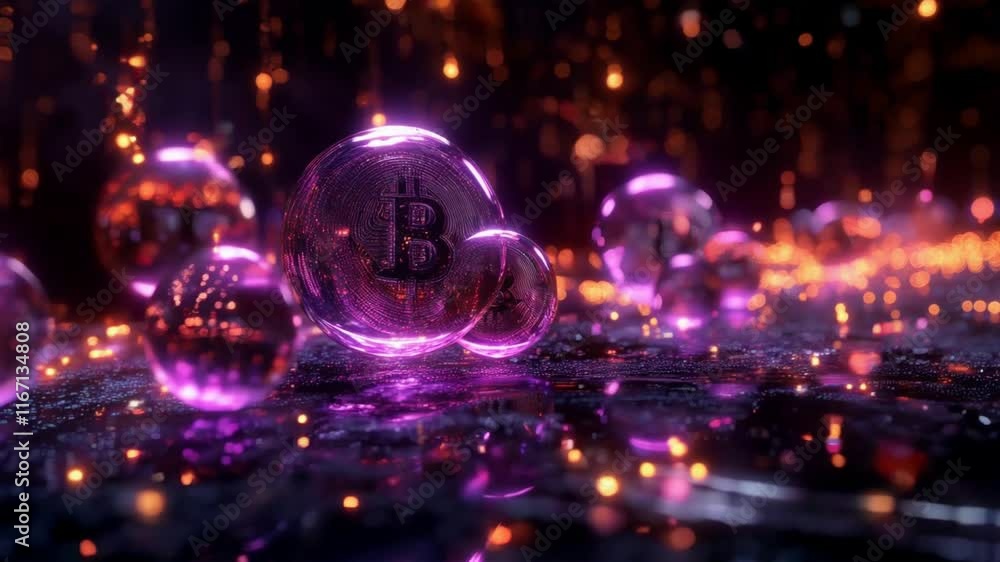 Glowing Bitcoin in Futuristic Purple and Gold Aesthetic Glowing Bitcoin in Futuristic Purple and Gold Aesthetic