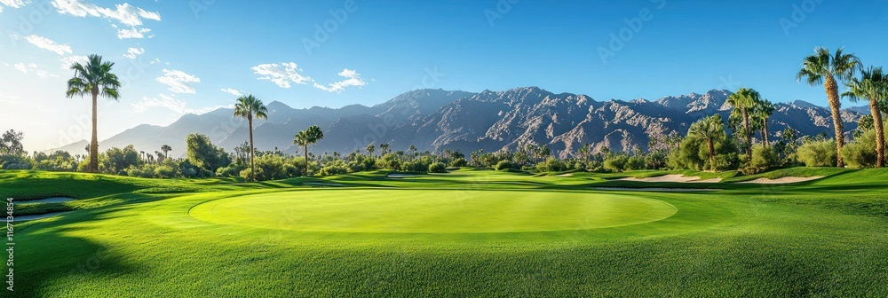 Fototapeta premium Panoramic Golf Course Landscape with Palm Trees and Mountains in Bright Sunlight