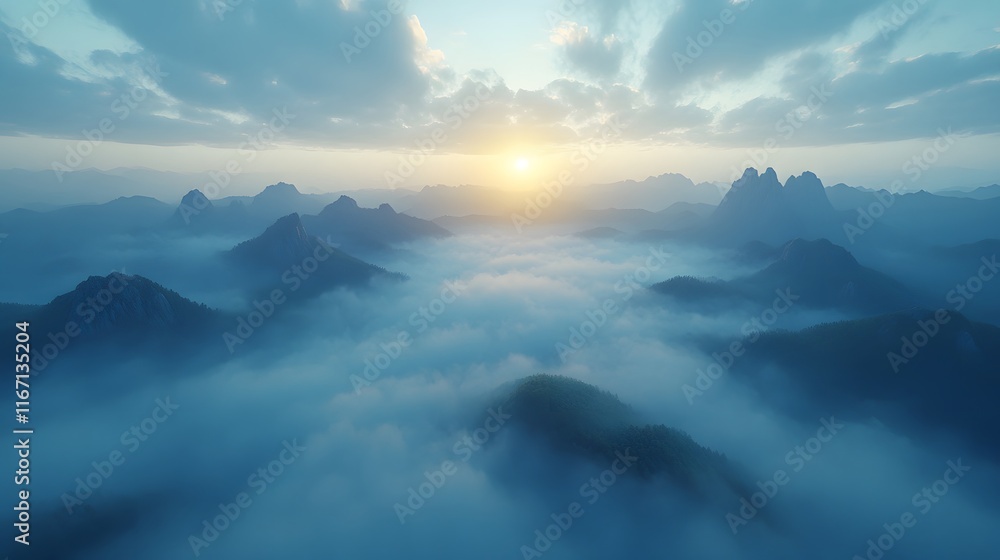 Aerial view of misty mountains with rolling fog, morning sunlight, and blue sky, creating an ethereal, dreamy landscape with cinematic lighting. Aerial view of misty mountains with rolling fog, morning sunlight, and blue sky, creating an ethereal, dreamy landscape with cinematic lighting.
