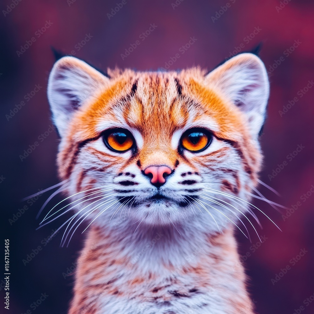 Stunning Close-Up of a Beautiful Wildcat with Striking Orange Eyes and Captivating Expressions Set Against a Colored Background Perfect for Nature Lovers Stunning Close-Up of a Beautiful Wildcat with Striking Orange Eyes and Captivating Expressions Set Against a Colored Background Perfect for Nature Lovers