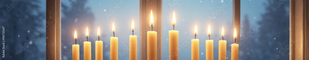 Close-Up of Candles Arranged Neatly on a Windowsill with a Blurred Winter Scene Outside. Hanukkah holiday Close-Up of Candles Arranged Neatly on a Windowsill with a Blurred Winter Scene Outside. Hanukkah holiday