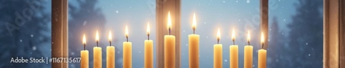 Close-Up of Candles Arranged Neatly on a Windowsill with a Blurred Winter Scene Outside. Hanukkah holiday photo