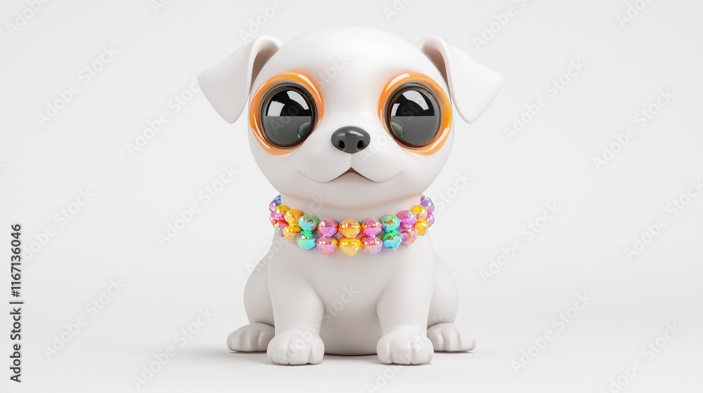 Fototapeta premium Retro Y2K Style 3D Puppy Icon with Oversized Eyes and Colorful Collar on White Background
