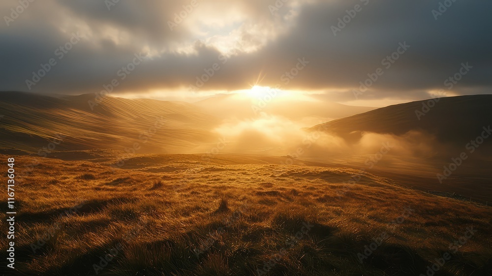 Serene Sunrise Over Misty Hills and Golden Grassland Landscape Serene Sunrise Over Misty Hills and Golden Grassland Landscape