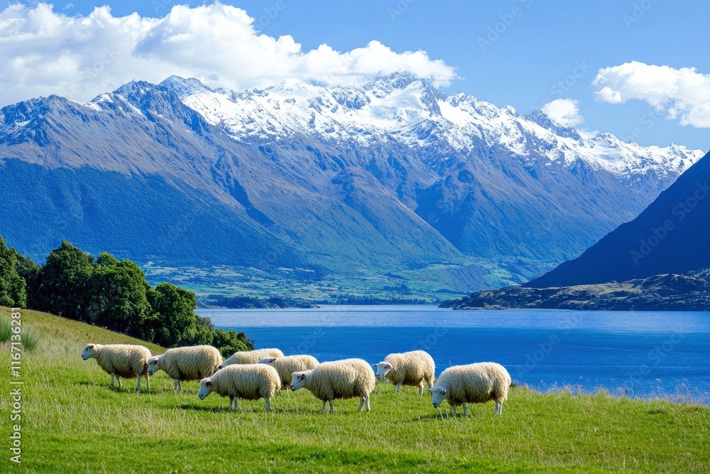 Obraz premium sheep along the mountain range