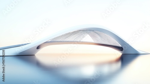 Futuristic white bridge arching over calm water at sunrise.